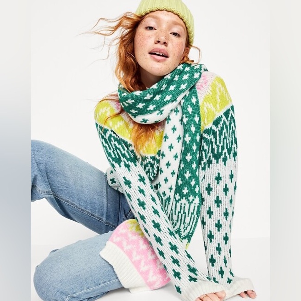 Old Navy Multi Fair Isle Green White Pink Knit Scarf Ribbed Trim
